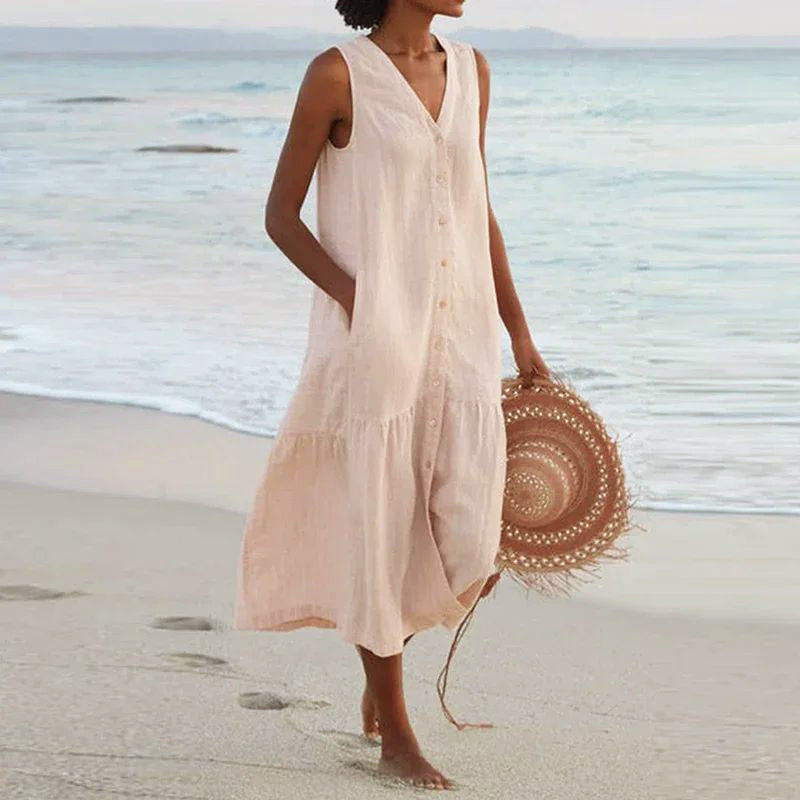 Clara - Women's Sleeveless Button-Down Maxi Dress