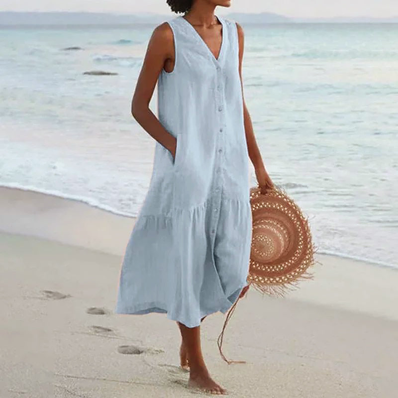 Clara - Women's Sleeveless Button-Down Maxi Dress