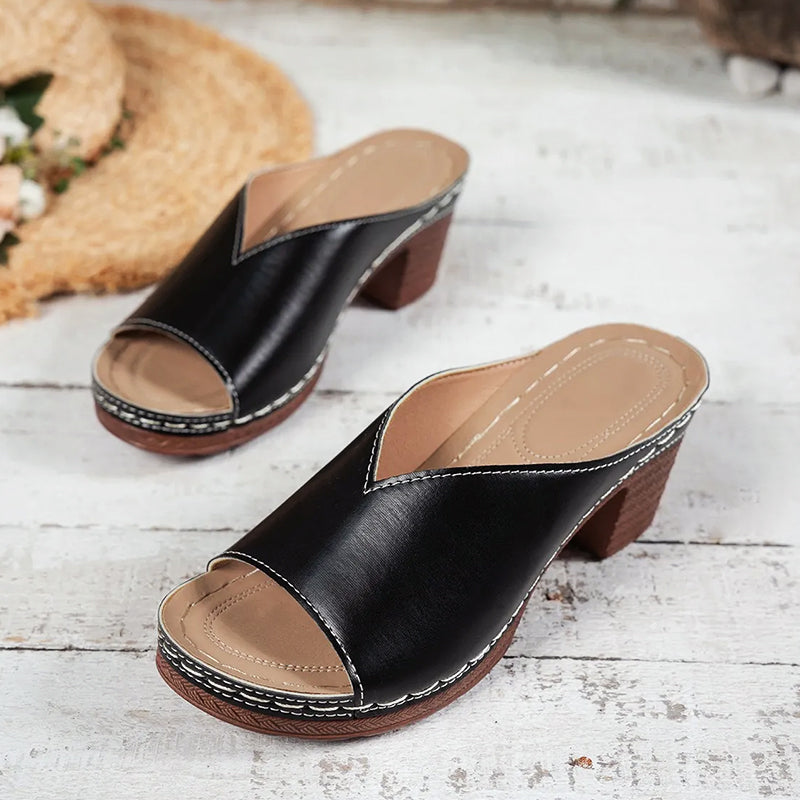 Clara - Women's V-Cut Upper Stacked Heel Slides