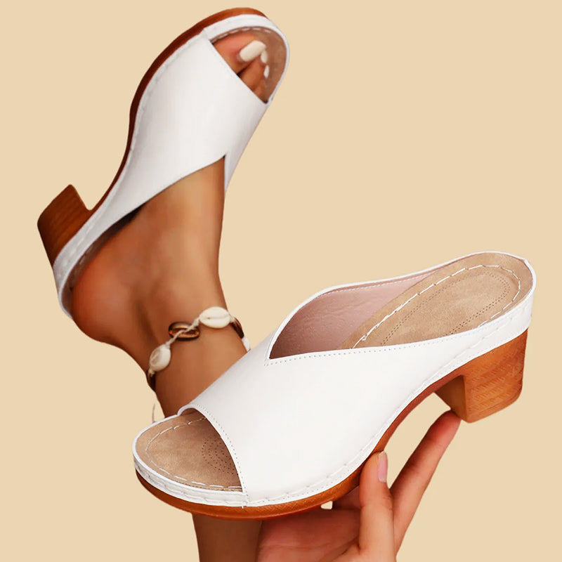 Clara - Women's V-Cut Upper Stacked Heel Slides