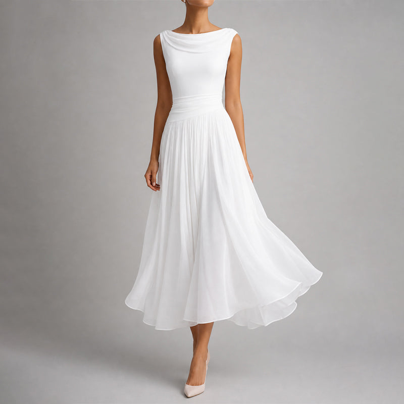 Clara - Women's Draped Boat Neck A-Line Dress