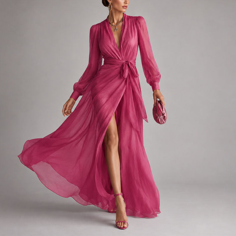 Cleo - Women's Elegant Sheer Sleeve Evening Maxi Dress