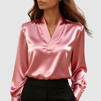Danielle - Women's Crossover V-Neck Long Sleeve Satin Blouse
