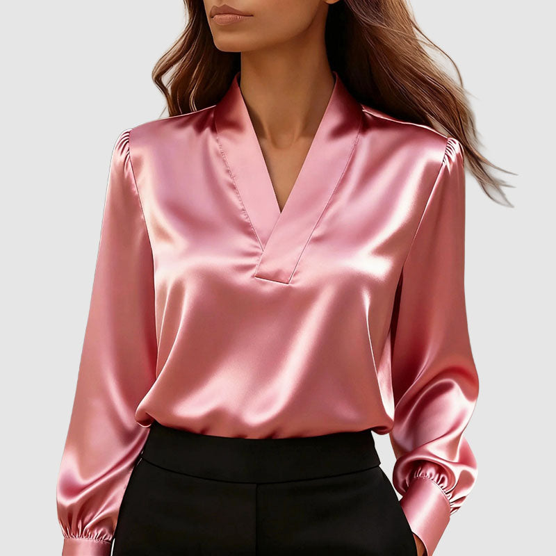 Danielle - Women's Crossover V-Neck Long Sleeve Satin Blouse