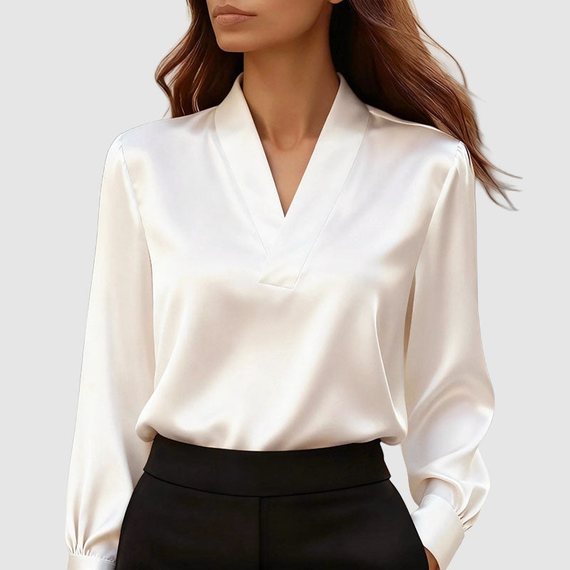 Danielle - Women's Crossover V-Neck Long Sleeve Satin Blouse