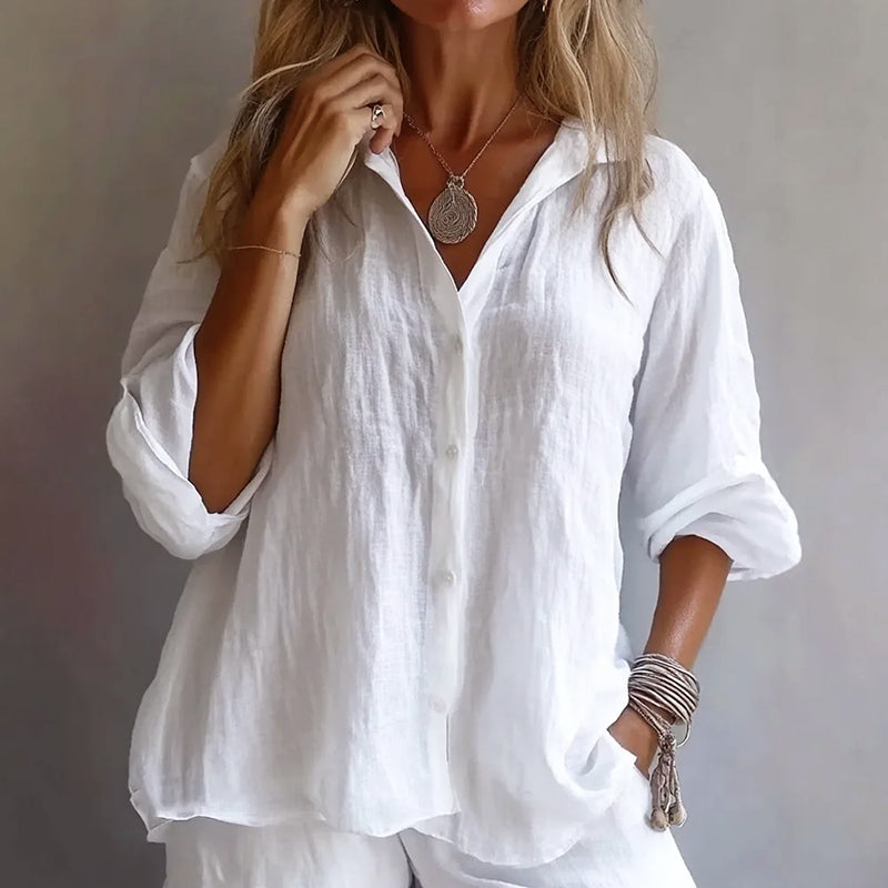 Delaney - Women’s Linen-Look Button-Up Relaxed Blouse