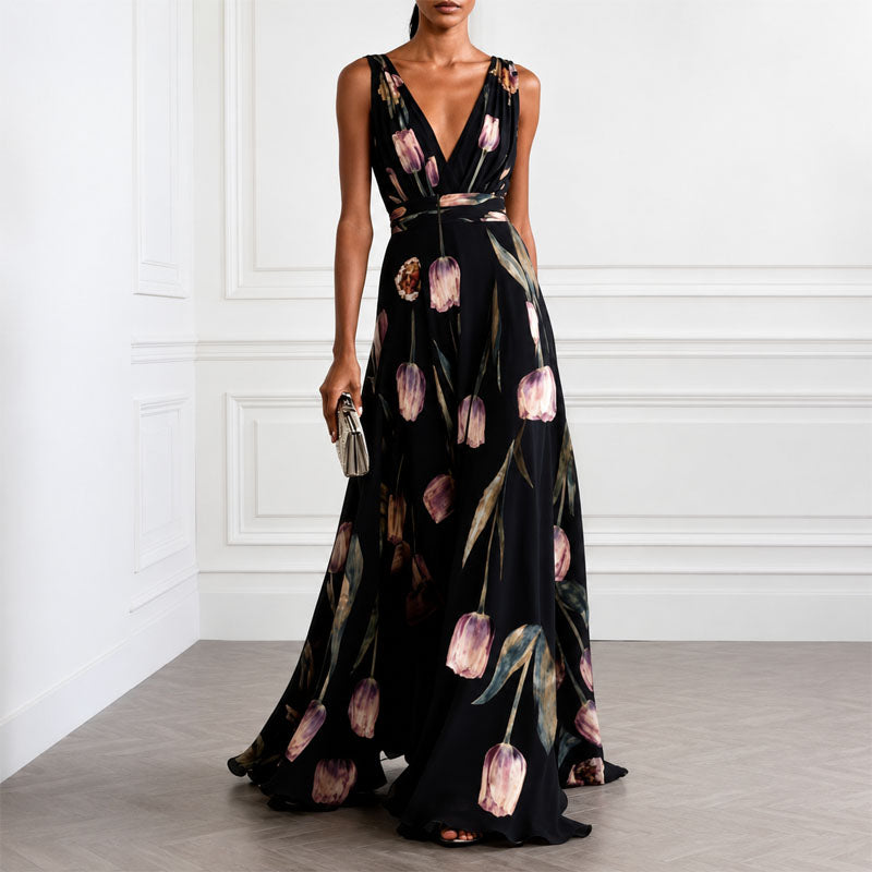 Dianne - Women's Floral Deep V Maxi Dress