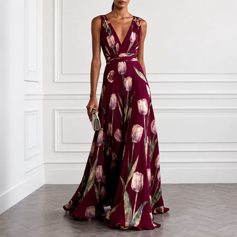Dianne - Women's Floral Deep V Maxi Dress