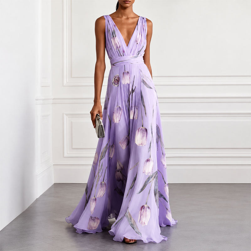 Dianne - Women's Floral Deep V Maxi Dress