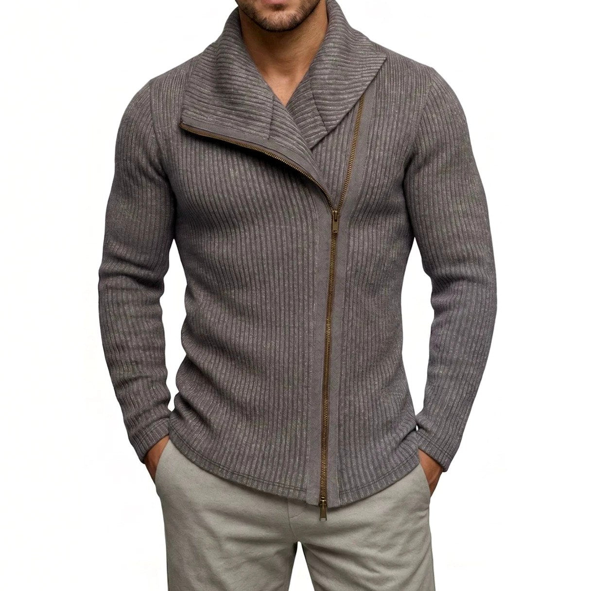 Dusty - Men's Asymmetric Zip Ribbed Knit Cardigan