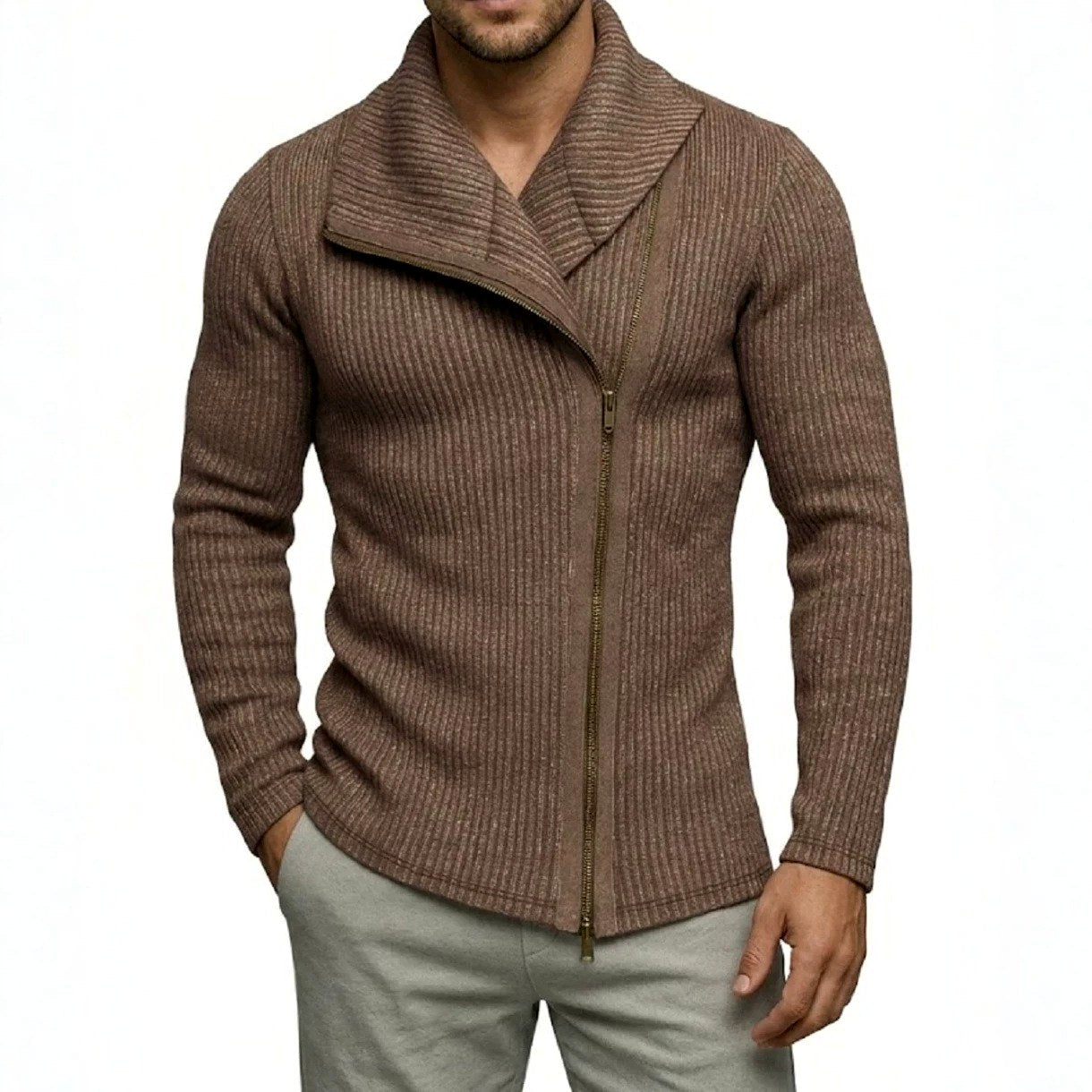 Dusty - Men's Asymmetric Zip Ribbed Knit Cardigan