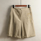 Emery - Women's Relaxed Fit Linen Floral Detail Shorts