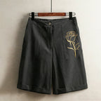 Emery - Women's Relaxed Fit Linen Floral Detail Shorts