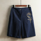 Emery - Women's Relaxed Fit Linen Floral Detail Shorts