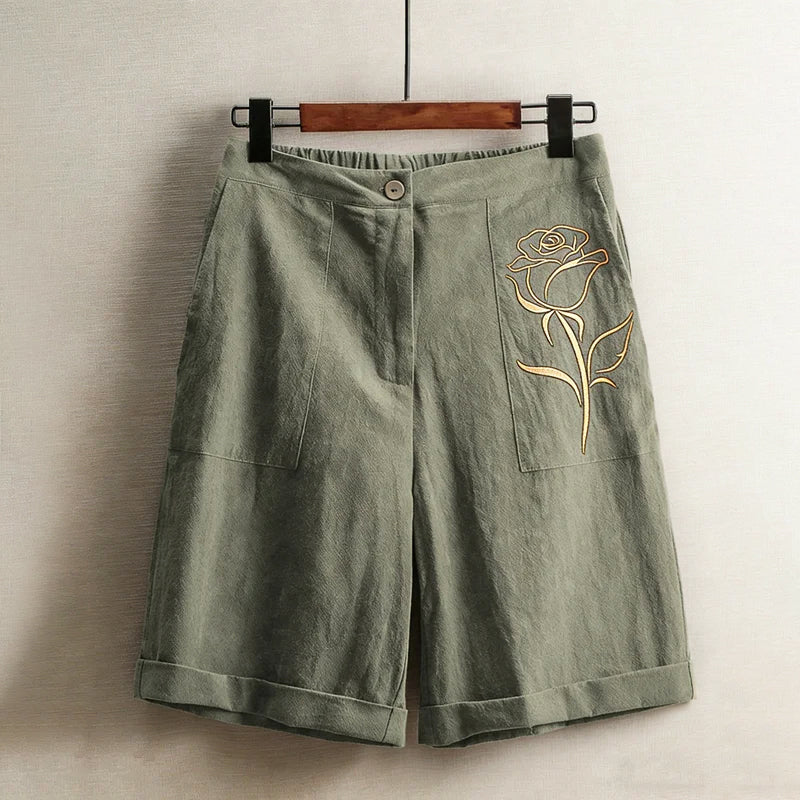Emery - Women's Relaxed Fit Linen Floral Detail Shorts