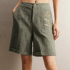 Emery - Women's Relaxed Fit Linen Floral Detail Shorts