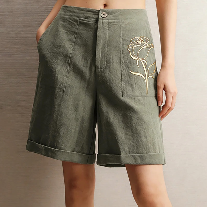 Emery - Women's Relaxed Fit Linen Floral Detail Shorts