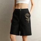 Emery - Women's Relaxed Fit Linen Floral Detail Shorts