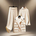 Emery - Women's 3-Piece Cable Knit Sweater, Pants & Puffer Vest Set