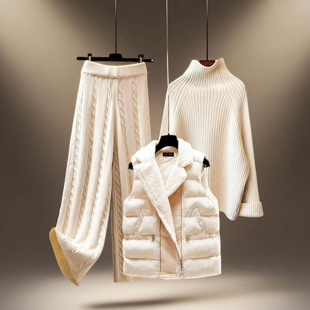 Emery - Women's 3-Piece Cable Knit Sweater, Pants & Puffer Vest Set