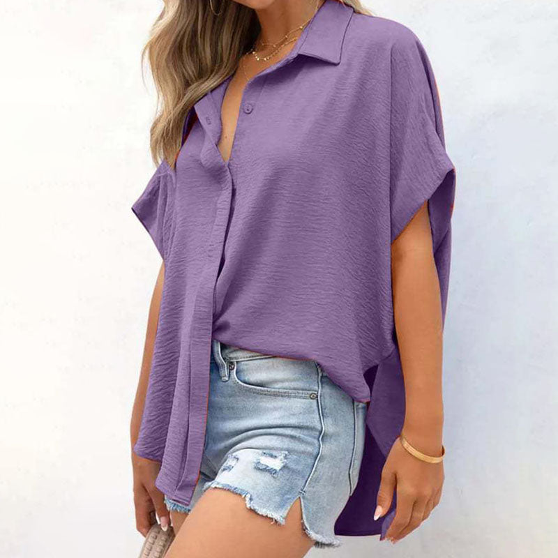 Emma - Women's Textured Button-Up Blouse with Side Slits