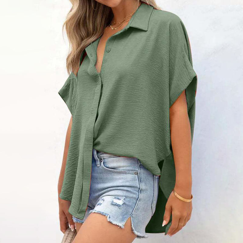 Emma - Women's Textured Button-Up Blouse with Side Slits