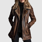 Frances - Women's Leather Zip Jacket Shearling Collar & Welt Pockets