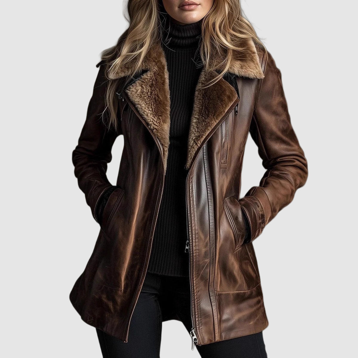 Frances - Women's Leather Zip Jacket Shearling Collar & Welt Pockets