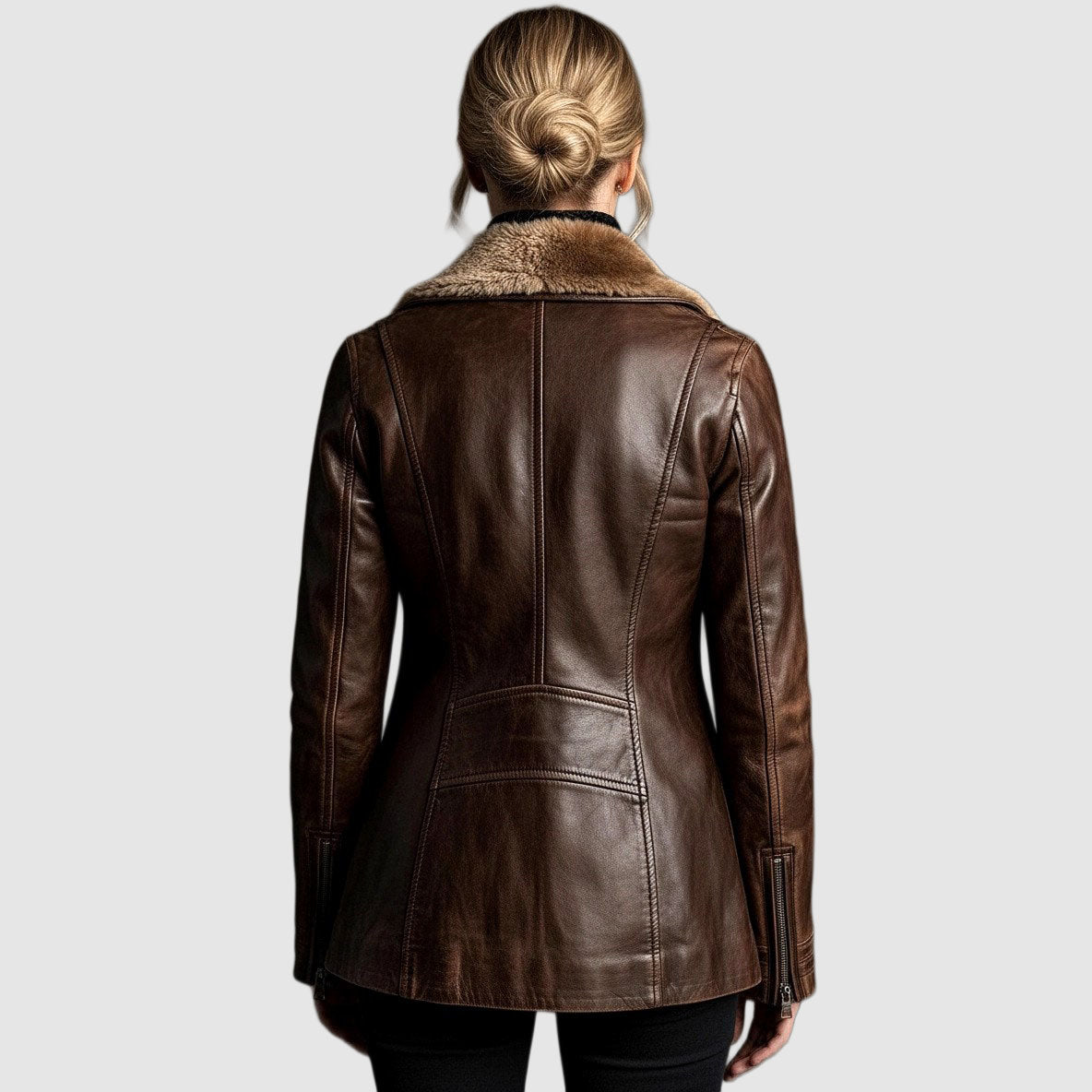 Frances - Women's Leather Zip Jacket Shearling Collar & Welt Pockets