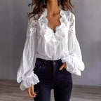 Gabrielle - Women’s Boho Lace Trim Pleated Blouse