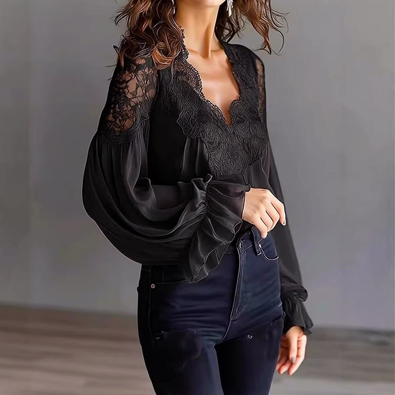 Gabrielle - Women’s Boho Lace Trim Pleated Blouse