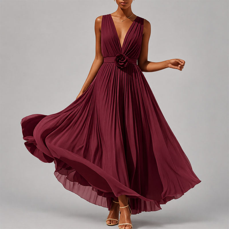 Gemma - Women's Pleated Deep V Midi Dress