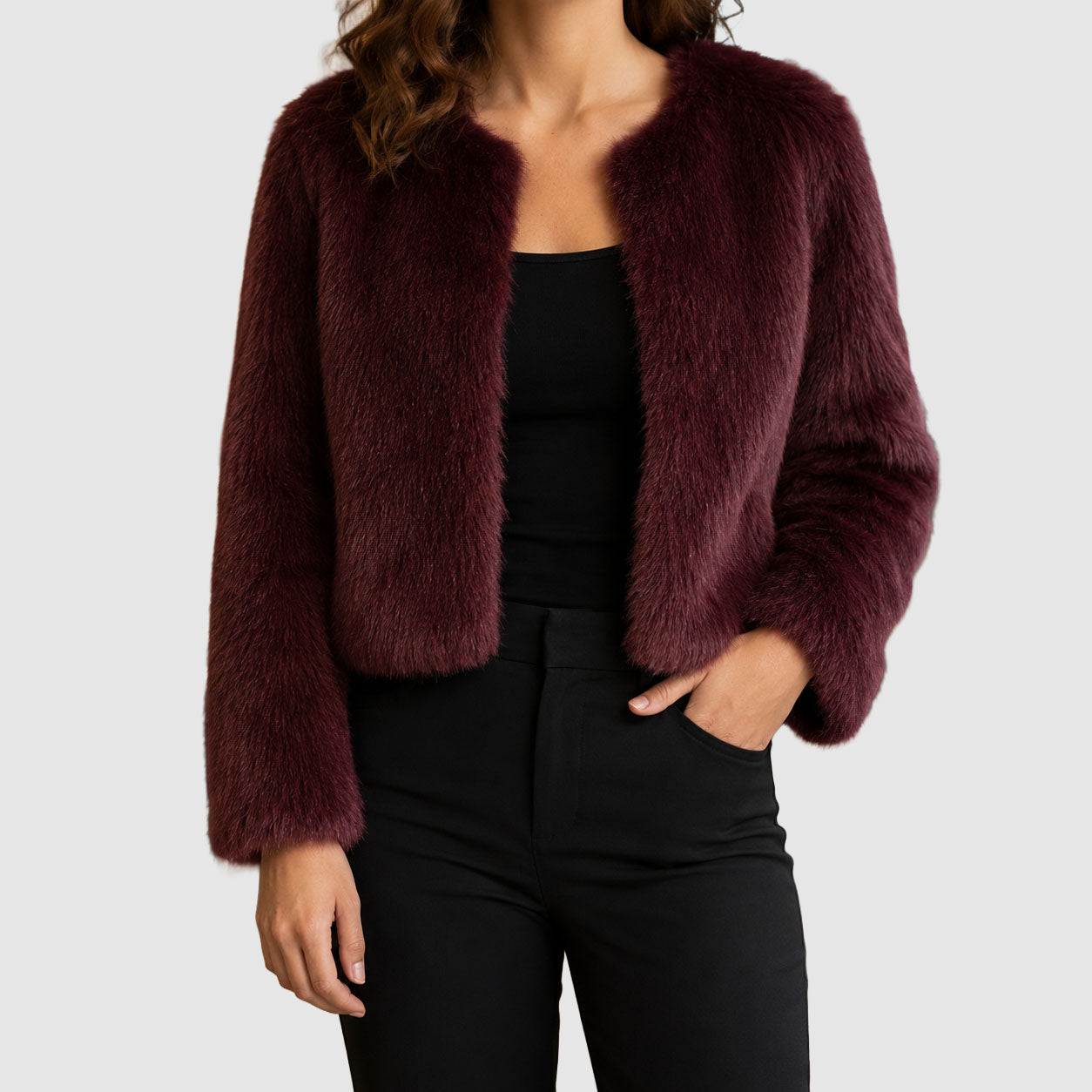 Hailey - Women's Cropped Faux-Fur Jacket with Open Front