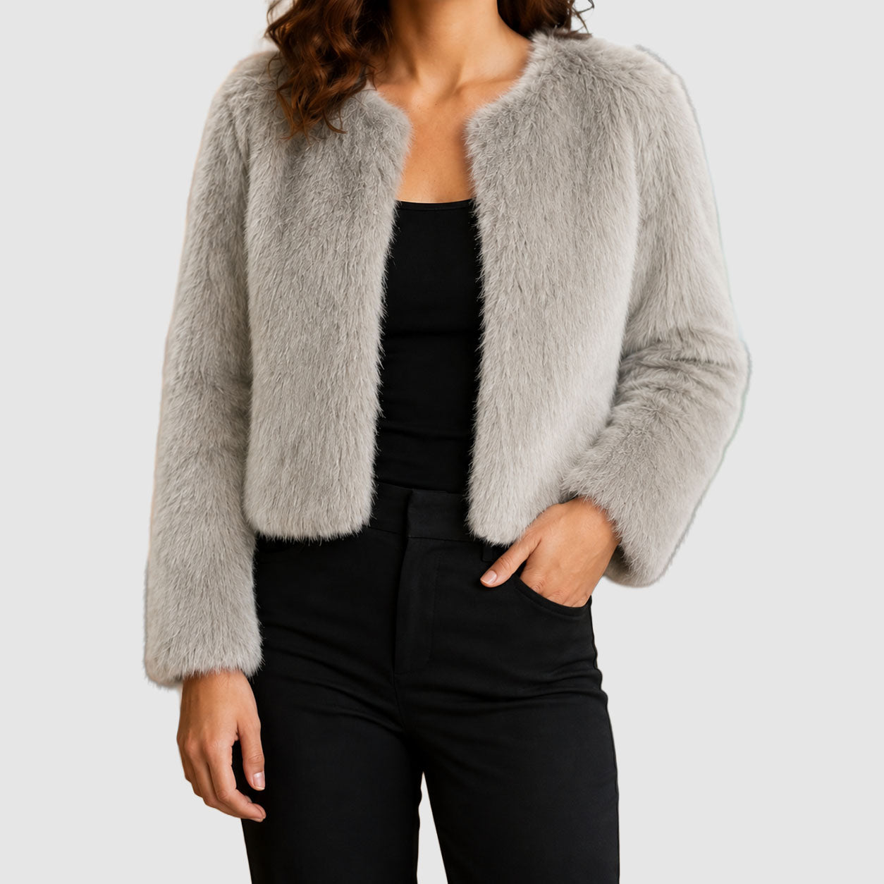 Hailey - Women's Cropped Faux-Fur Jacket with Open Front
