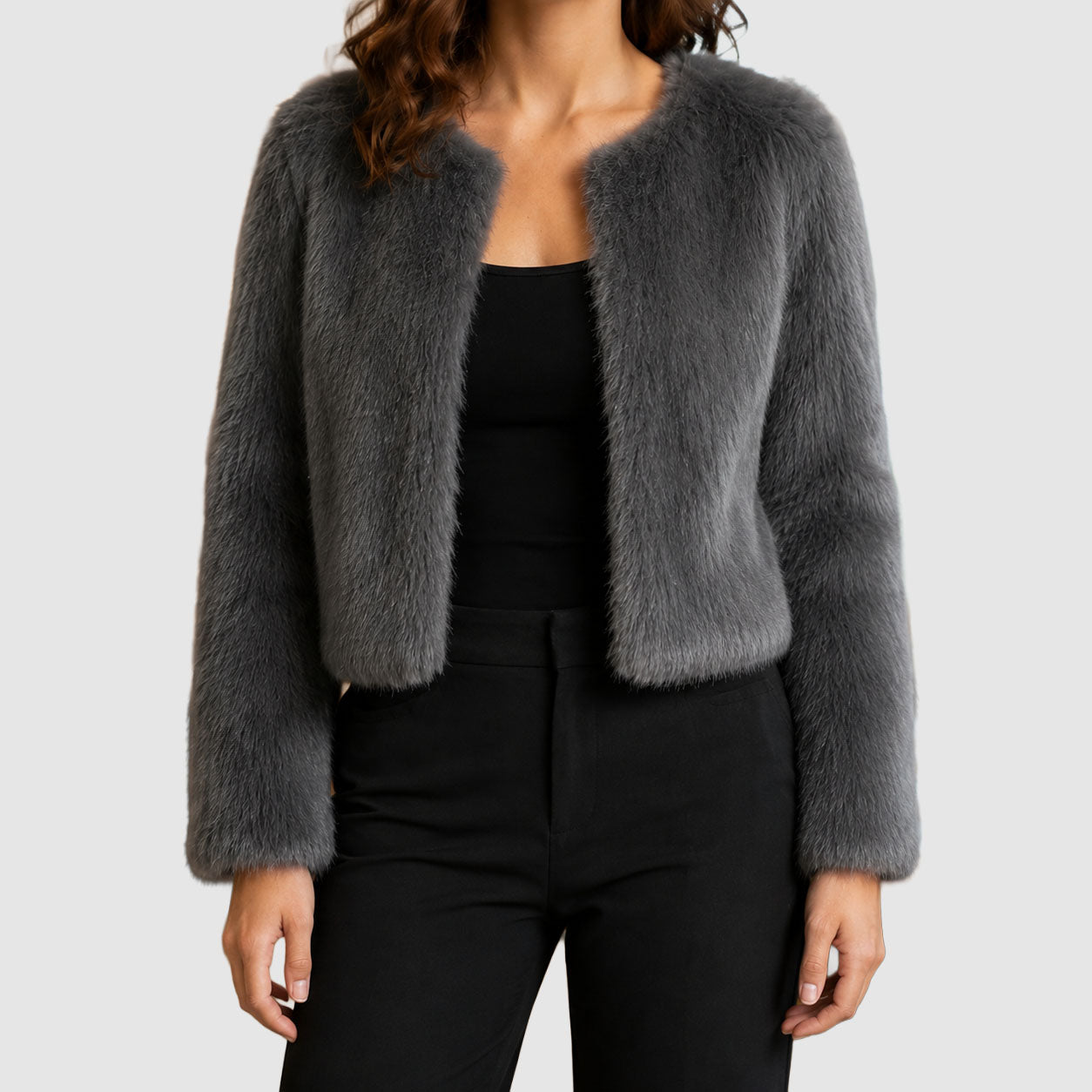 Hailey - Women's Cropped Faux-Fur Jacket with Open Front