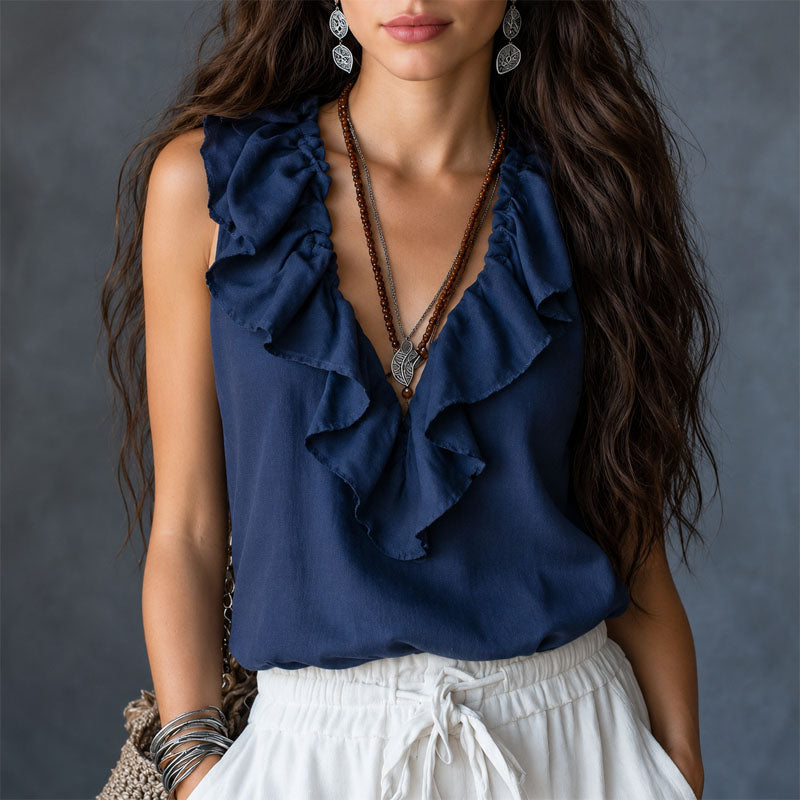 Harlow - Women's Ruffle Trim Sleeveless Boho Blouse
