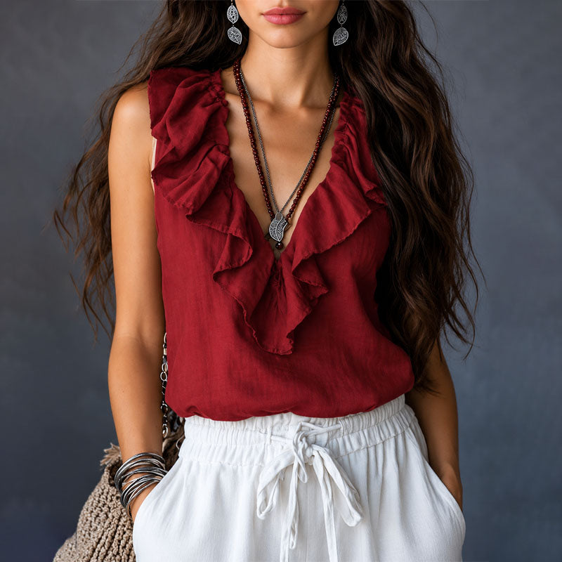 Harlow - Women's Ruffle Trim Sleeveless Boho Blouse