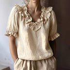 Harper - Women’s Ruffle Trim Linen Puff Sleeve Blouse