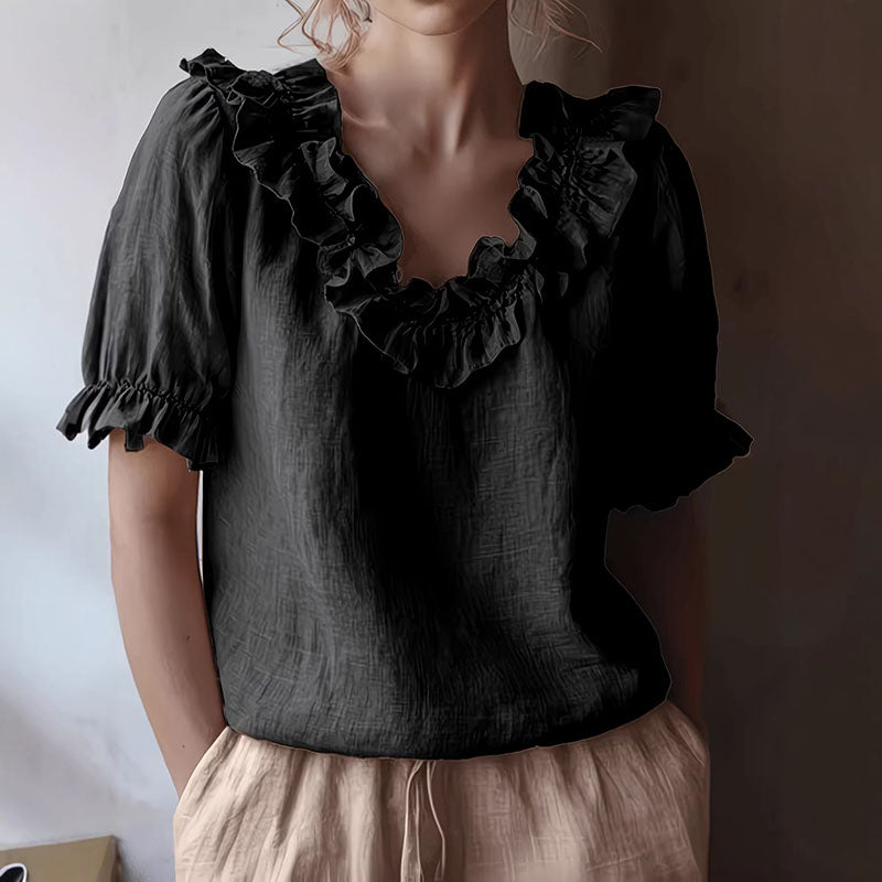 Harper - Women’s Ruffle Trim Linen Puff Sleeve Blouse