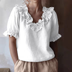 Harper - Women’s Ruffle Trim Linen Puff Sleeve Blouse