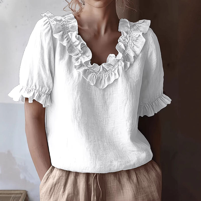 Harper - Women’s Ruffle Trim Linen Puff Sleeve Blouse