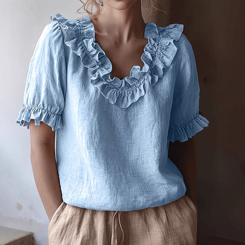 Harper - Women’s Ruffle Trim Linen Puff Sleeve Blouse