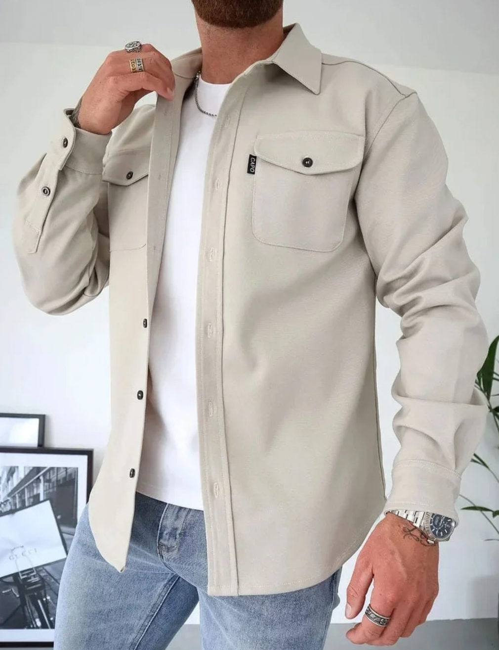 Isaac - Men's Button-Front Shirt Jacket with Chest Pockets