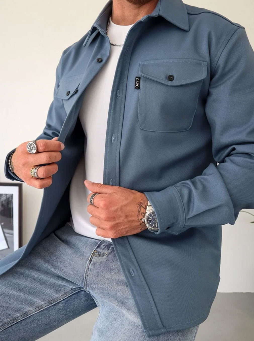 Isaac - Men's Button-Front Shirt Jacket with Chest Pockets