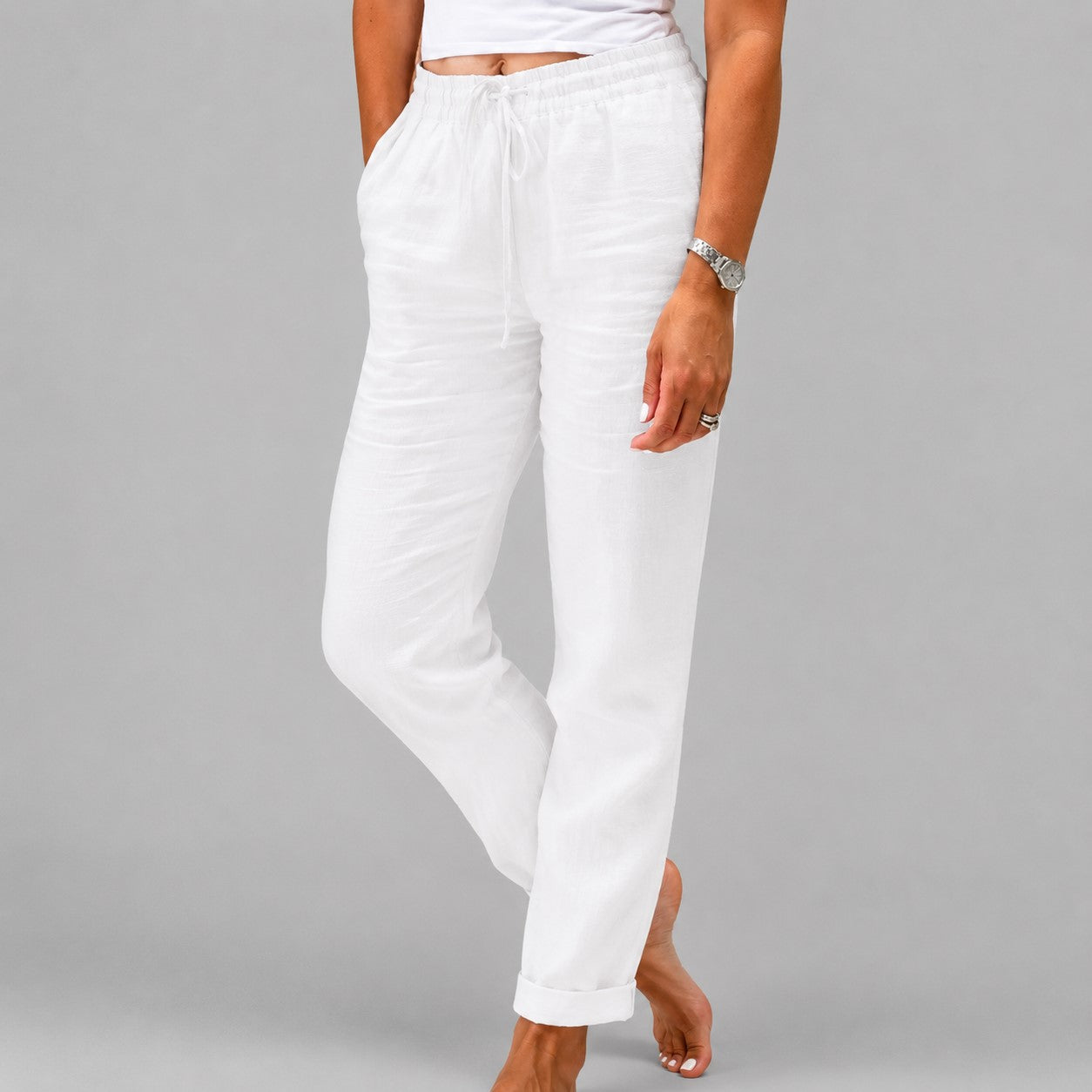 Jessica - Women's Drawstring Straight Leg Linen Pants