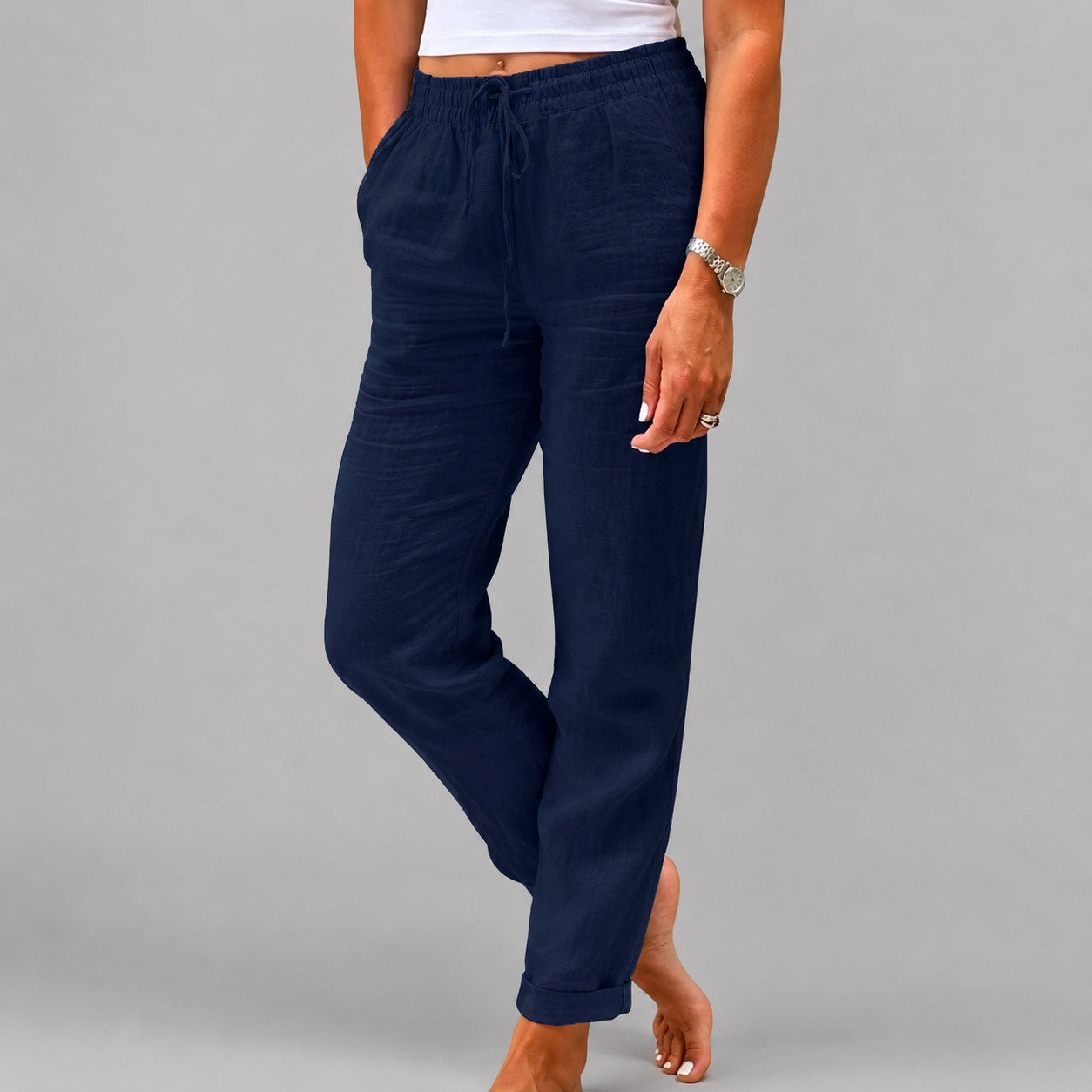 Jessica - Women's Drawstring Straight Leg Linen Pants
