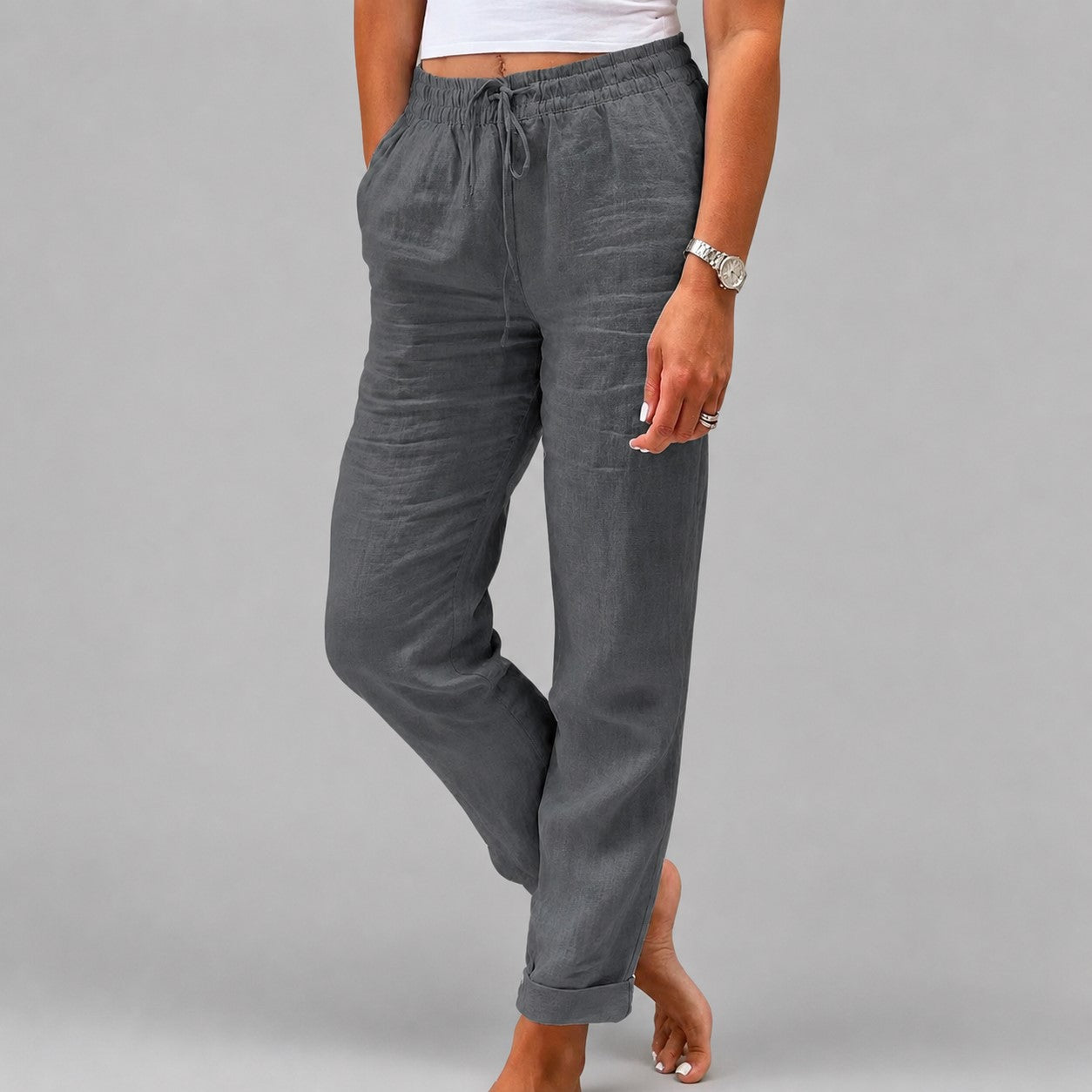 Jessica - Women's Drawstring Straight Leg Linen Pants