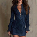 Jill - Women's Faux Suede Embroidered Long Sleeve Party Dress