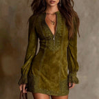 Jill - Women's Faux Suede Embroidered Long Sleeve Party Dress