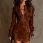 Jill - Women's Faux Suede Embroidered Long Sleeve Party Dress